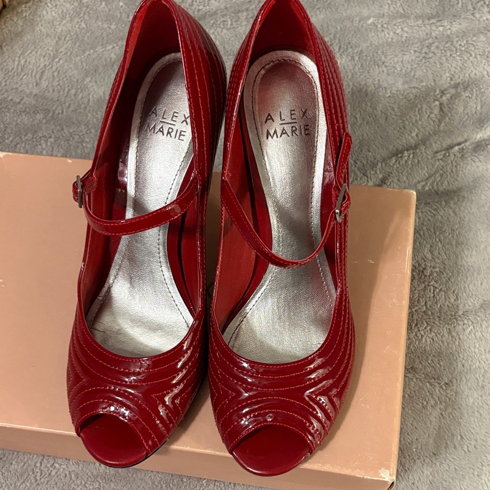 Alex Marie Red Patent Mary Jane Peep-Toe Heels with Ankle Strap